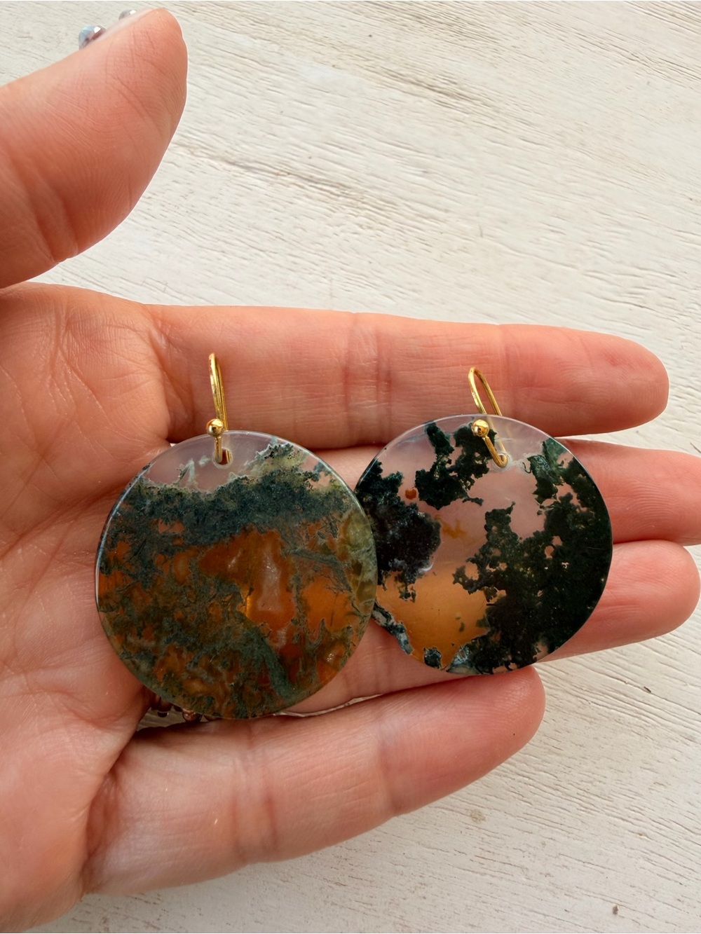 Round Moss Agate Drop Earrings in Green and Brown